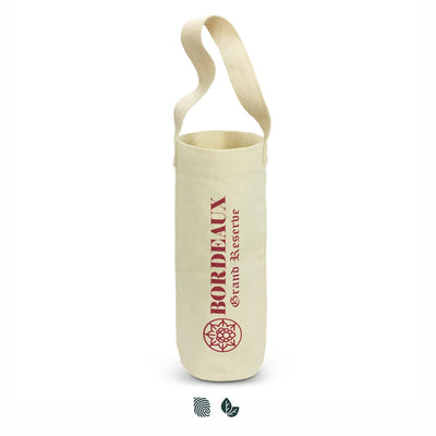 Cotton Wine Tote Bag - A cream cotton wine tote bag with a shoulder strap and a logo. It features a cylindrical shape for holding bottles.