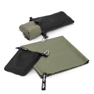 Frontier Rapid Dry Towel - A folded olive green towel with a black carrying pouch and a clip. The towel has a branded logo.