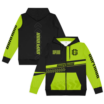 Custom Mens Active Zipped Hoodie - A black and neon green zipped hoodie featuring a logo and bold graphic designs on the sleeves.