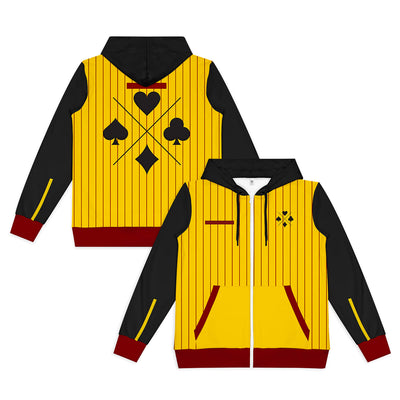 Custom Women's Active Zipped Hoodie - A zipped hoodie featuring a yellow body with black sleeves and game-themed graphics, plus a logo on the front.