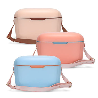 Daisy Cooler - A cooler with a rounded design in pastel pink, peach, and blue, featuring a removable shoulder strap and branding.