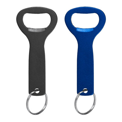 Aluminium Bottle Opener Key Ring - A drink bottle opener key ring in black and blue, featuring a simple design and a metal key ring.
