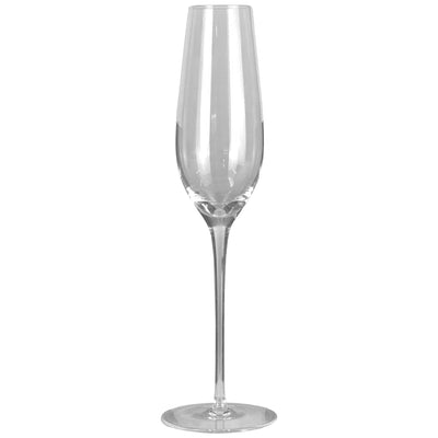 Champagne Flute - A clear glass champagne flute with a tall, slender body and a wide base. It has a smooth, elegant design.