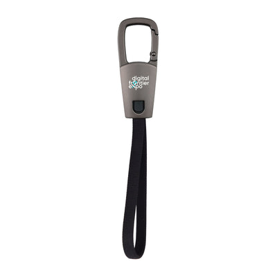 ClipIt Carabiner Cable - A grey carabiner cable with a black strap, featuring a logo on the front.