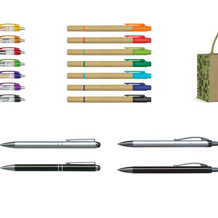 New promotional product arrivals: Flag Banner Pen, Kraft Pen Highlighter, Torino Jute Tote Bag, Bermuda Stylus Pen, Arizona Pen