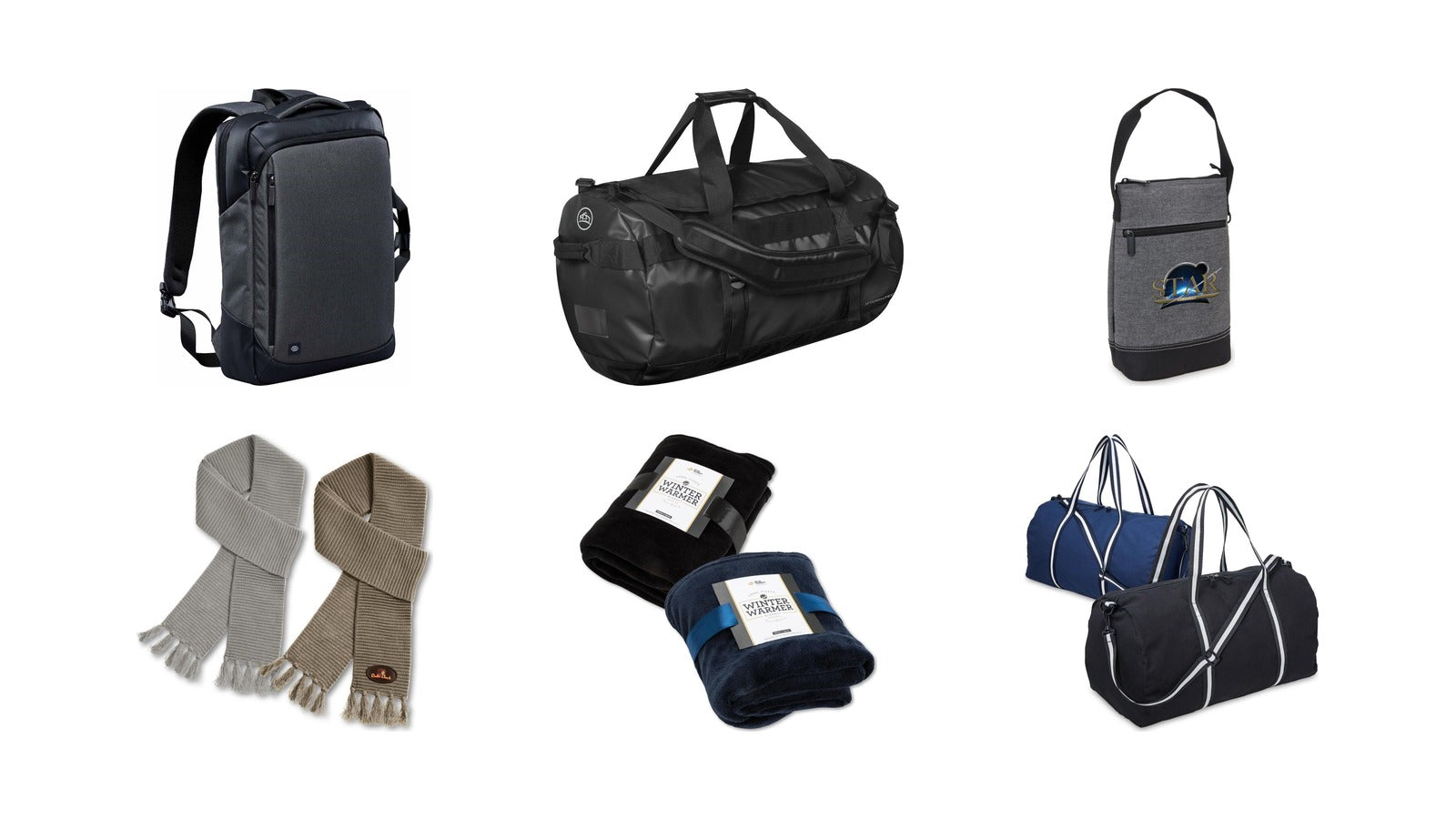 New promotional product arrivals: Road Warrior Computer Pack, Stormtech Gear Bag Medium, Tirano Two Bottle Wine Cooler, Ruga Knit Scarf, Coral Fleece Blanket, Canvas Duffle