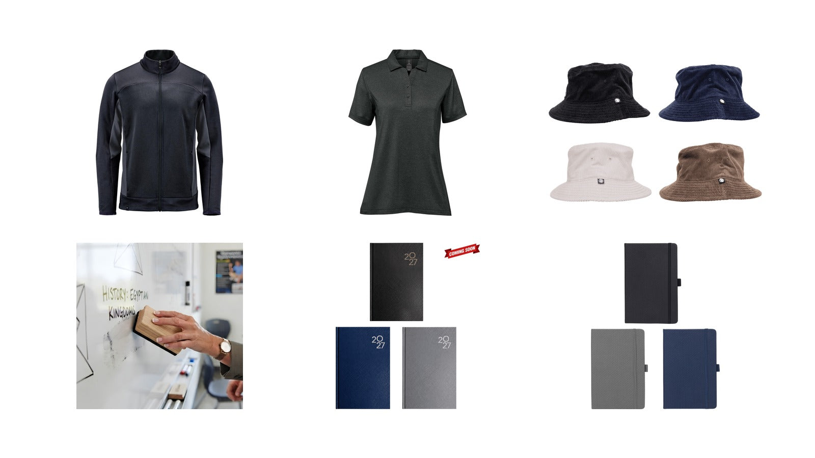 New promotional product arrivals: Men's Appaloosa Knit Jacket, Women's Volante H2X-DRY Polo, Atlanta Cord Bucket Hat, Bonack Wood Whiteboard Eraser, Penguin A5 Day to Day Diary, A5 Carbon Notebook
