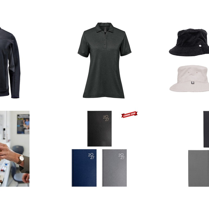 New promotional product arrivals: Men's Appaloosa Knit Jacket, Women's Volante H2X-DRY Polo, Atlanta Cord Bucket Hat, Bonack Wood Whiteboard Eraser, Penguin A5 Day to Day Diary, A5 Carbon Notebook