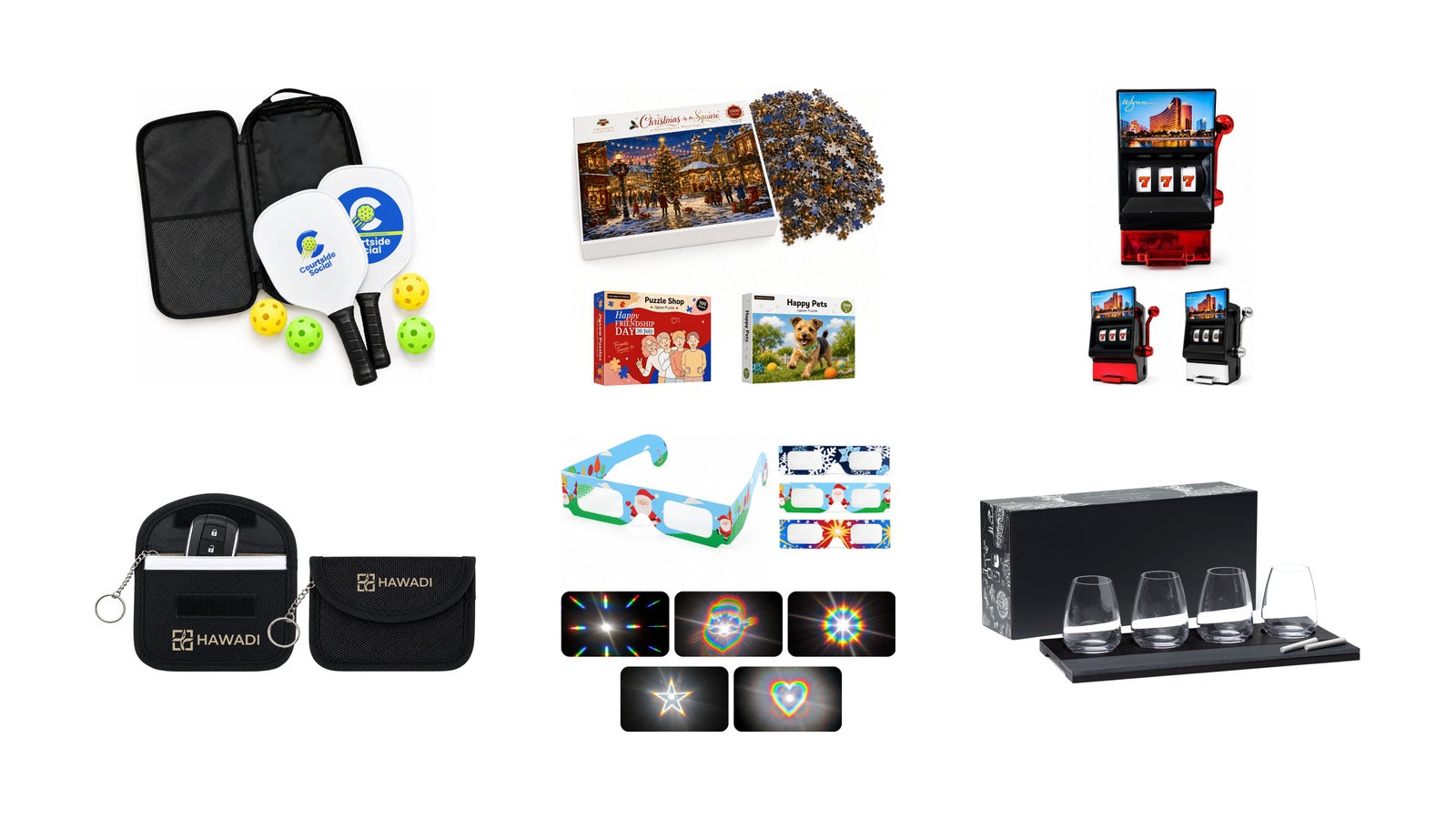 New promotional product arrivals: Matchpoint Pickleball Set, Custom Gift Box Jigsaw Puzzle, 777 Slot Machine Fridge Magnet with Sharpener, Faraday RFID Blocking Key Pouch, Paper Diffraction Glasses, Sommelier Wine Tasting Set