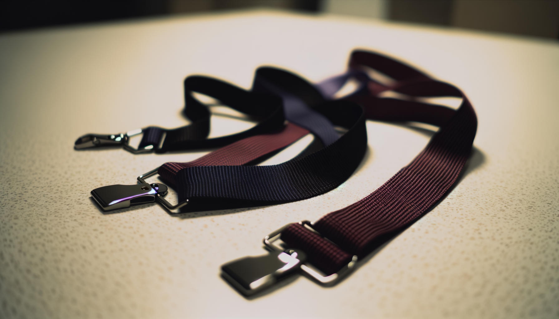Fabric lanyards with badge clips on a countertop