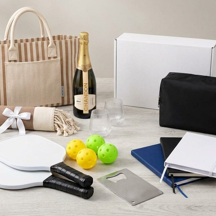 New promotional product arrivals: Stainless Credit Card Bottle Opener, Matchpoint Pickleball Set, The Sun & Sip Gift Set, Custom Box with Locking Lid 290 x 175 x 60mm, Muse GRS RPET Toiletry Bag, FSC Notebook