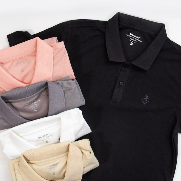 a black polo shirt with five different colors of polo shirts