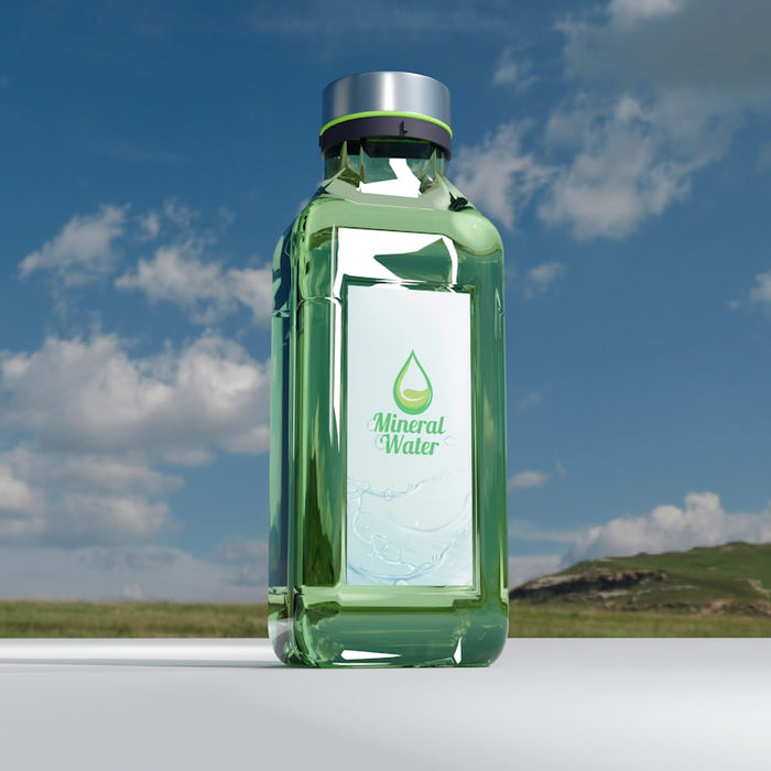 A bottle of mineral water against a cloudy sky.