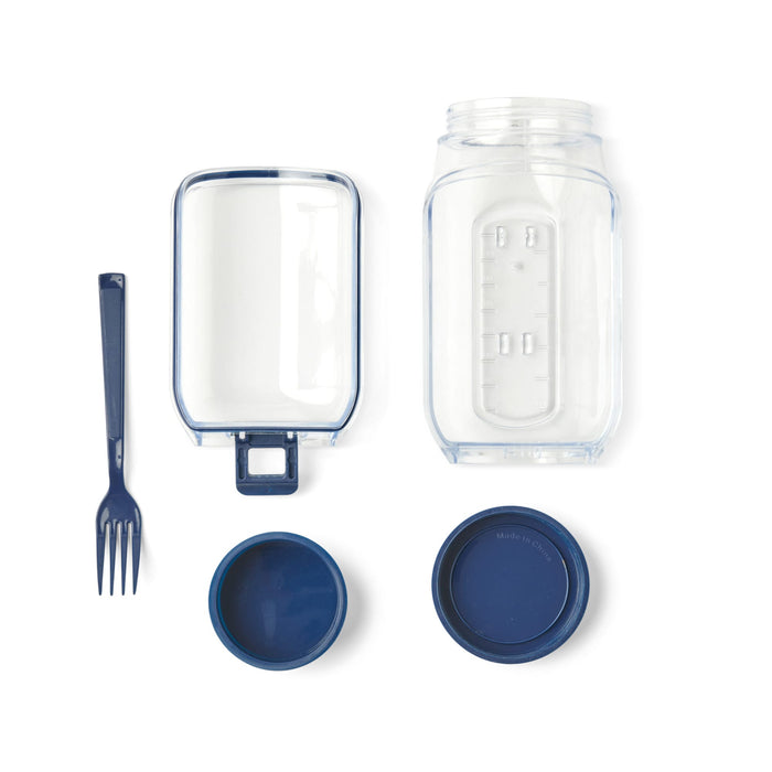 Go Salad Jar - A transparent salad jar with a blue lid and fork, featuring a compartment for dressing.