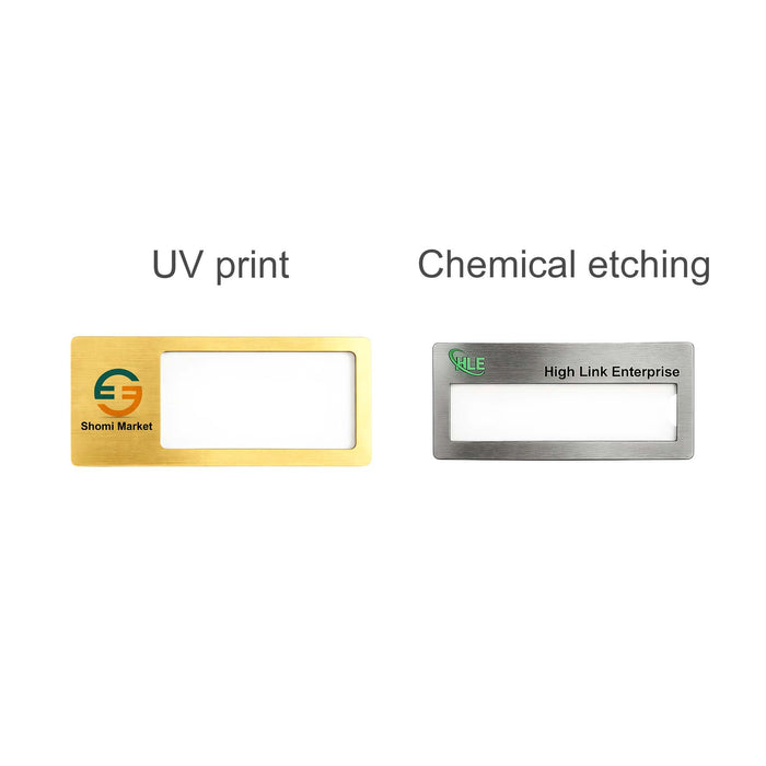 Reusable Metal Name Badge - A metal name badge featuring a gold finish on the left and a silver finish on the right, with a branding logo.