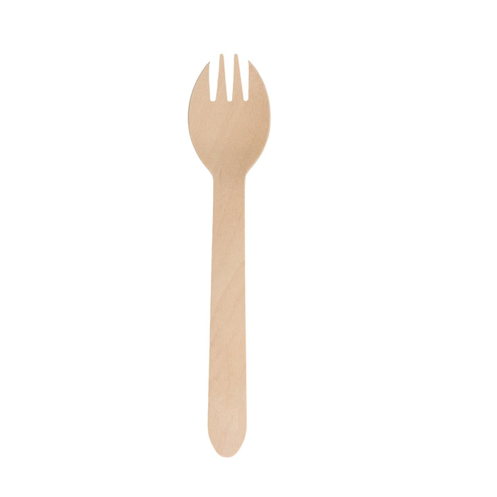 Pack of 100 Per Pack Disposable Wooden Cutlery - (Forks /Spoons/Knives/2 in 1 Spoon and fork)-(Big) - A light wooden fork with a long handle and three tines, part of a disposable cutlery set.