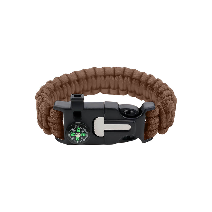 5 in 1 Survival Bracelet - A brown survival bracelet featuring a compass and a secure clasp, made with durable paracord material.