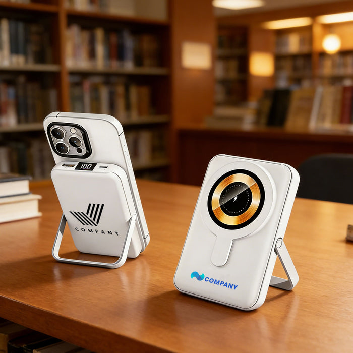10000mAh Magnetic Wireless  Power Bank with Phone Stand - A white magnetic wireless power bank with a phone stand, positioned on a wooden table in a library setting.