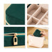Velvet Jewellery Organizer - A green velvet jewellery organiser with a zip closure and compartments for storing items. Includes a light-coloured inner lining.