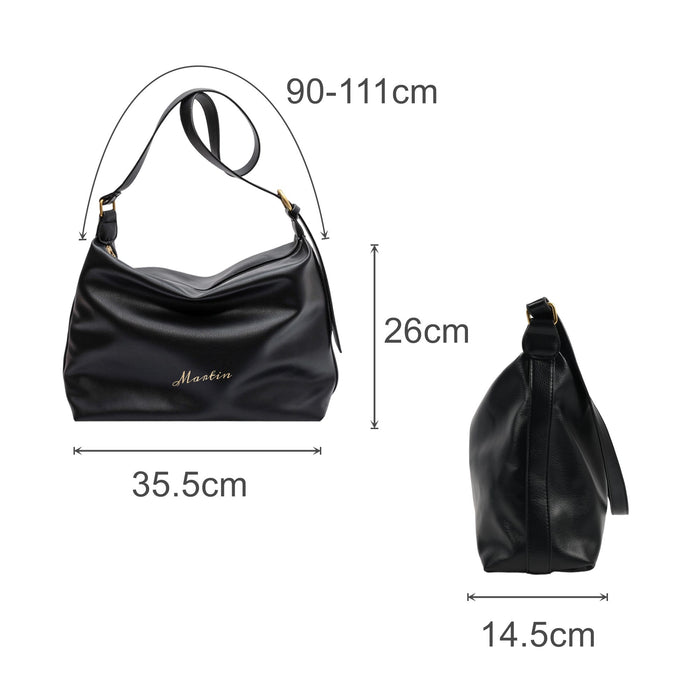 Dumpling Polyurethane Tote Bag - A black polyurethane tote bag with a shoulder strap, featuring a logo and dimensions displayed alongside.