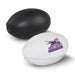 Mini Rugby Ball - A mini rugby ball set featuring a black ball and a white ball, each displaying a logo.