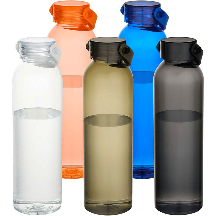 Alti 630 ml RCS Recycled Plastic Water Bottle - A drink bottle collection featuring five colours: clear, orange, blue, brown, and smoky grey, each with a black lid and logo.