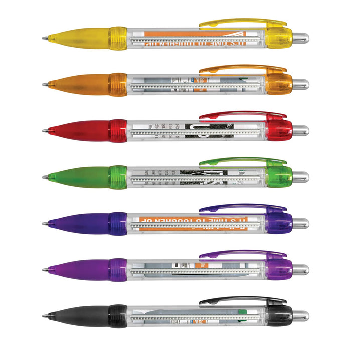 Flag Banner Pen - Eight plastic pens in various colours including yellow, orange, red, green, purple, and black, featuring a logo on each pen.