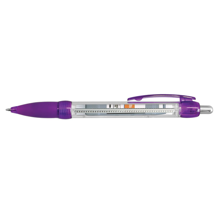 Flag Banner Pen - A purple plastic pen with a clear barrel and a logo on the body. It features a retractable tip.
