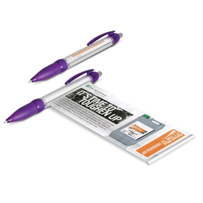 Flag Banner Pen - A purple and silver pen alongside a promotional brochure featuring a logo.
