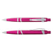 Athena Pen - A pink plastic pen with silver accents, featuring a click mechanism and a clip for easy attachment.