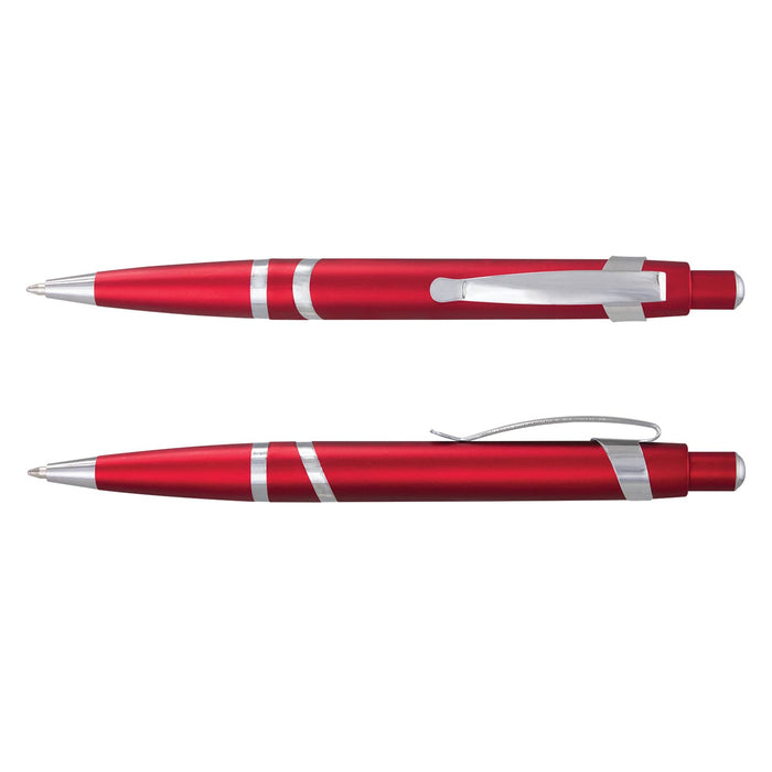 Athena Pen - A red plastic pen with silver accents, featuring a clip and a tip, displayed from two angles. It has a logo.