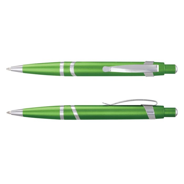Athena Pen - A green plastic pen with silver accents, featuring a smooth, sleek design and a clip for attachment.