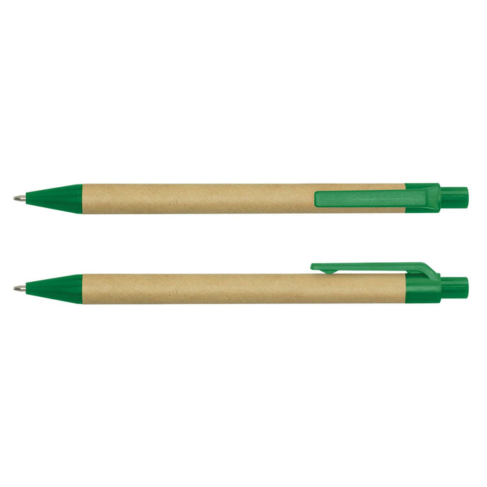 Kraft Pen - A Kraft Pen featuring a recycled brown paper body and green plastic accents.