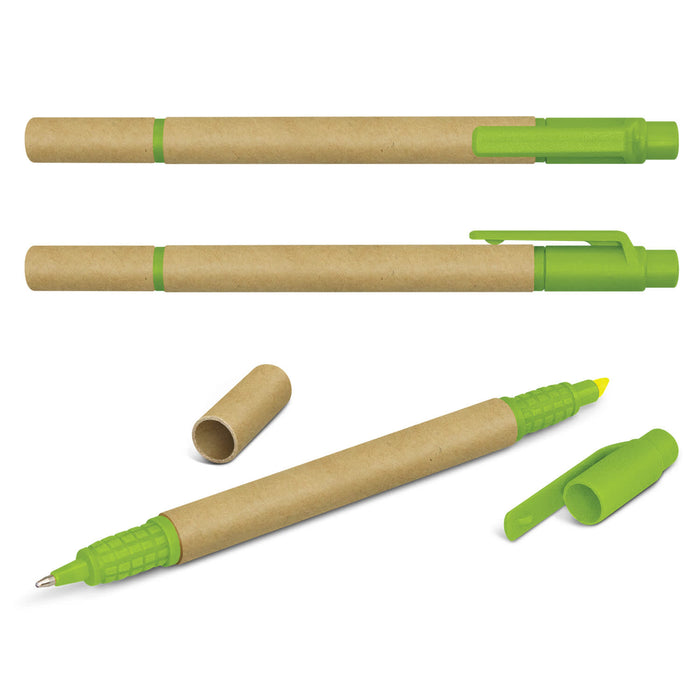 Kraft Pen Highlighter - A set of Kraft Pen Highlighters in green and brown, featuring a logo, with caps on and off.
