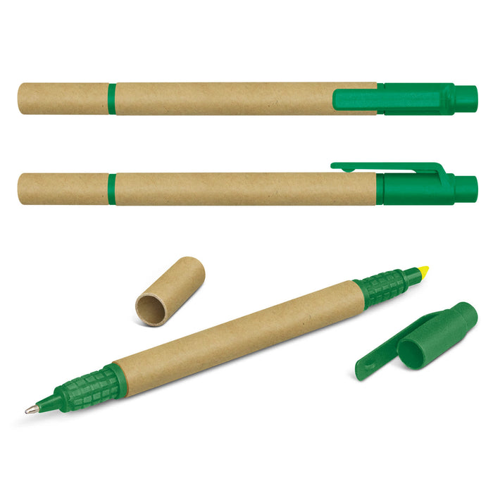 Kraft Pen Highlighter - A set of Kraft Pen Highlighters in green with a cardboard body and caps, featuring a logo on the barrel.