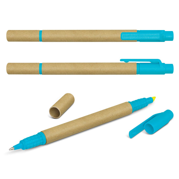 Kraft Pen Highlighter - A set of Kraft Pen highlighters in blue and yellow with a natural brown paper casing and a logo on the side.