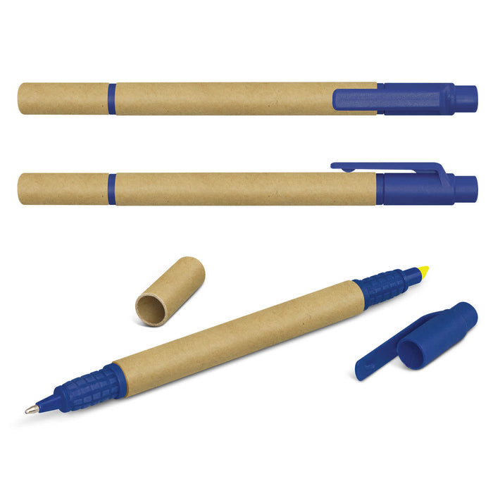 Kraft Pen Highlighter - A set of Kraft Pen highlighters in blue and yellow, featuring eco-friendly paper barrels and blue caps.