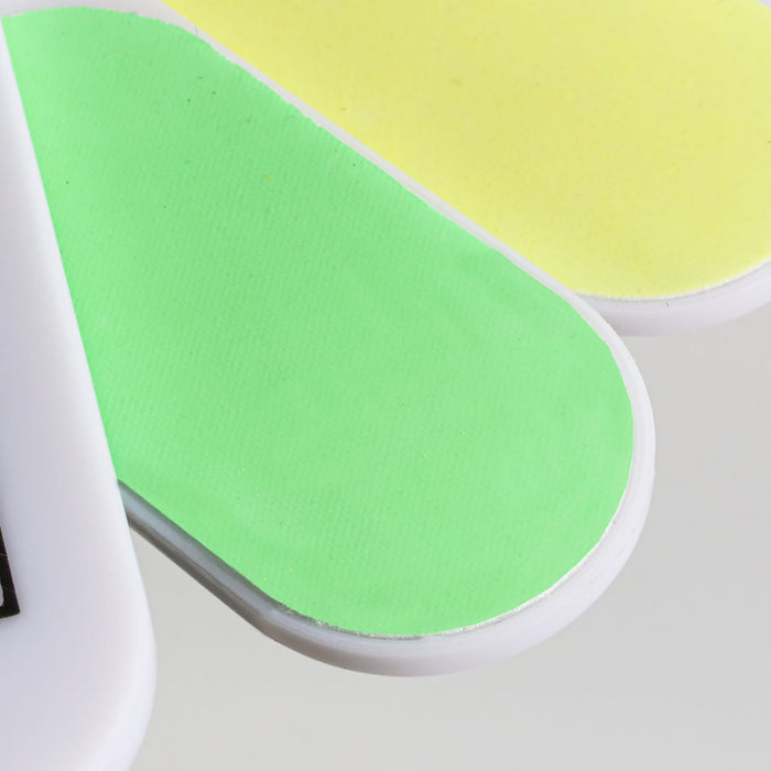 Foldable Nail File Block - A foldable nail file block featuring green and yellow filing surfaces with a handle. It has a logo on the side.