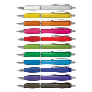 Vistro Pen - Translucent - A collection of translucent plastic pens in various colours, featuring silver accents and clip designs.