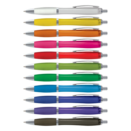 Vistro Pen - Translucent - A collection of translucent plastic pens in various colours, featuring silver accents and clip designs.