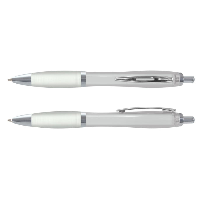 Vistro Pen - Translucent - A plastic pen featuring a translucent design with a silver accent and a comfortable grip.