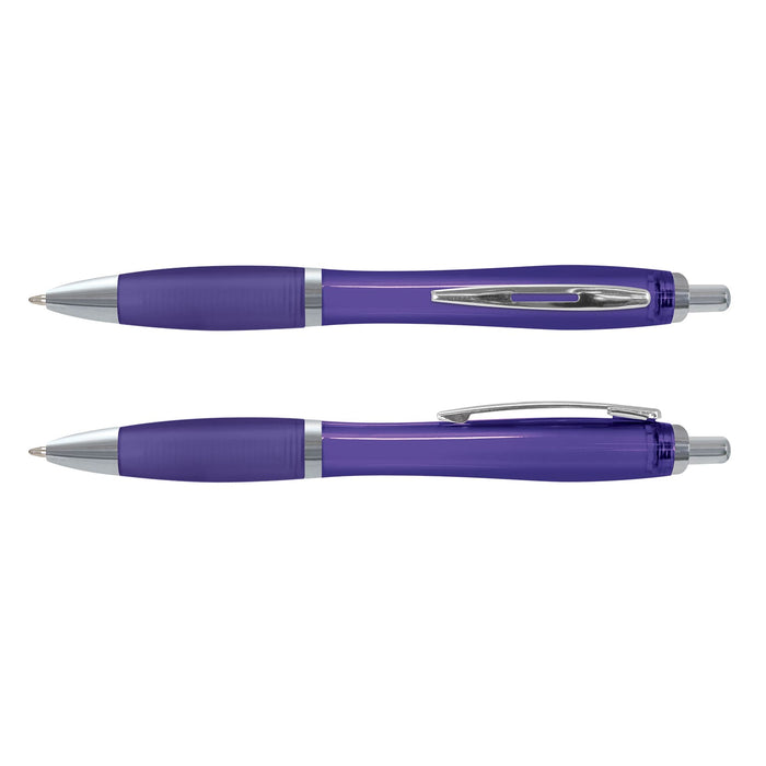 Vistro Pen - Translucent - A translucent purple pen with silver accents, featuring a sleek design and a clip. Includes two views of the pen.