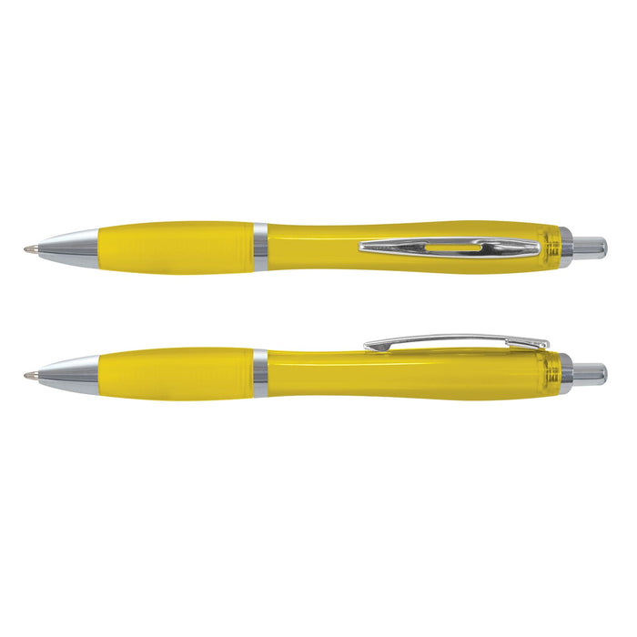 Vistro Pen - Translucent - A translucent yellow pen with silver accents, featuring a clip and a smooth barrel design.