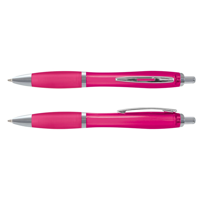 Vistro Pen - Translucent - A translucent pink plastic pen with silver accents, featuring a smooth barrel and clip design.