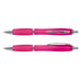 Vistro Pen - Translucent - A translucent pink plastic pen with silver accents, featuring a smooth barrel and clip design.