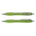 Vistro Pen - Translucent - A translucent green plastic pen with a silver clip and accents, displayed in two positions.