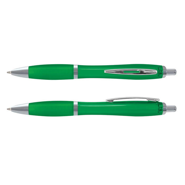 Vistro Pen - Translucent - A translucent green plastic pen with a silver clip and trim, displayed from two angles.