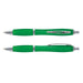 Vistro Pen - Translucent - A translucent green plastic pen with a silver clip and trim, displayed from two angles.