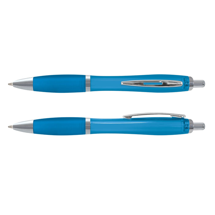Vistro Pen - Translucent - A translucent blue plastic pen with silver accents, featuring a clip and a retractable design.