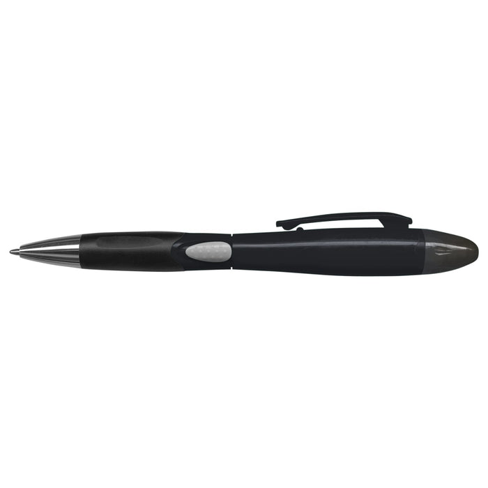 Blossom Pen - A plastic pen in black with a silver accent and a clip, featuring a logo on the barrel.